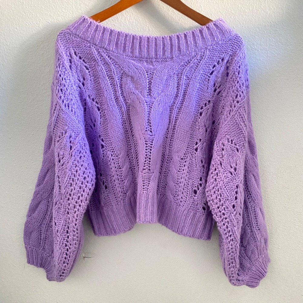 Purple Cable Knit Cropped Sweater Balloon Sleeve Small